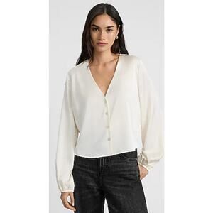 Express White V-Neck Balloon Sleeve Button Up Shirt - Medium